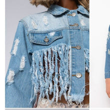 Load image into Gallery viewer, Callie Lives Miz Life Is Good: Fringe Distressed Crop Denim Jean Jacket
