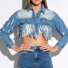 Load image into Gallery viewer, Callie Lives Miz Life Is Good: Fringe Distressed Crop Denim Jean Jacket
