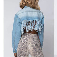 Load image into Gallery viewer, Callie Lives Miz Life Is Good: Fringe Distressed Crop Denim Jean Jacket
