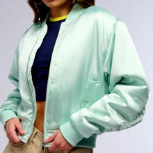 Load image into Gallery viewer, Callie Lives Miz Azalea Wang Arizona Mint Green Tea Satin Bomber Jacket
