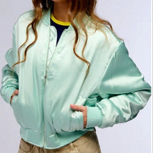 Load image into Gallery viewer, Callie Lives Miz Azalea Wang Arizona Mint Green Tea Satin Bomber Jacket
