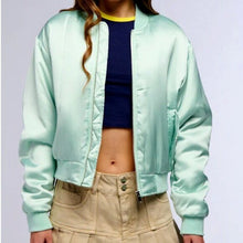 Load image into Gallery viewer, Callie Lives Miz Azalea Wang Arizona Mint Green Tea Satin Bomber Jacket
