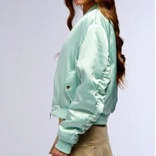 Load image into Gallery viewer, Callie Lives Miz Azalea Wang Arizona Mint Green Tea Satin Bomber Jacket
