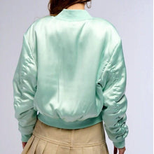 Load image into Gallery viewer, Callie Lives Miz Azalea Wang Arizona Mint Green Tea Satin Bomber Jacket
