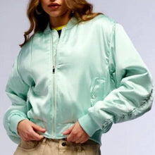 Load image into Gallery viewer, Callie Lives Miz Azalea Wang Arizona Mint Green Tea Satin Bomber Jacket
