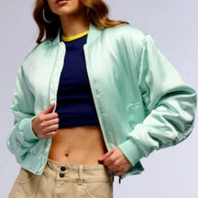 Load image into Gallery viewer, Callie Lives Miz Azalea Wang Arizona Mint Green Tea Satin Bomber Jacket
