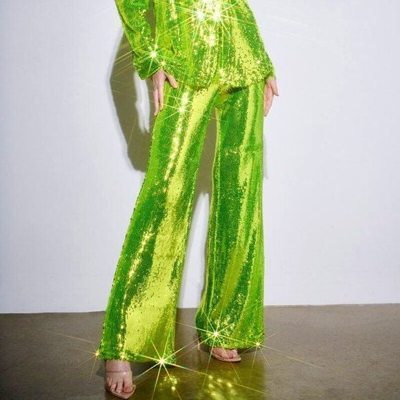 Callie Sparkling Lime Sequin Green Palazzo Pants Plus Size 2X