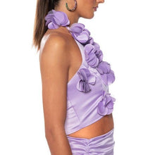 Load image into Gallery viewer, Callie 3D: Lilac Flower Power Cropped Satin Halter Top
