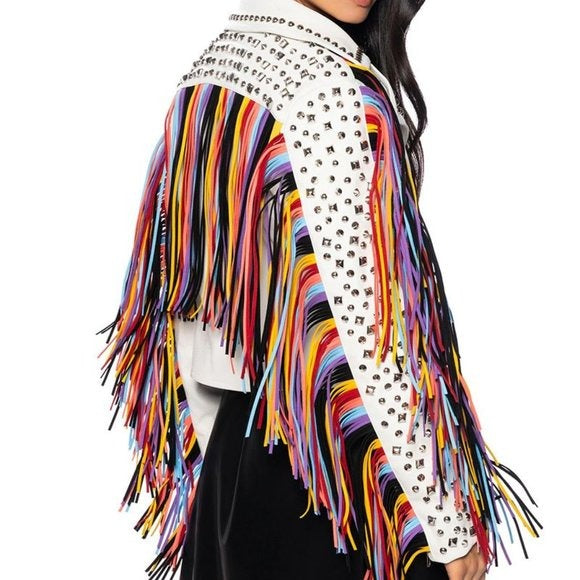 Miz God's Promise: Rainbow Fringe Studded Moto Jacket L