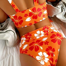 Lade das Bild in den Galerie-Viewer, Stasia Retro Orange: Plus Size Hibiscus Shoulder Tie High Waist Bikini XXL
