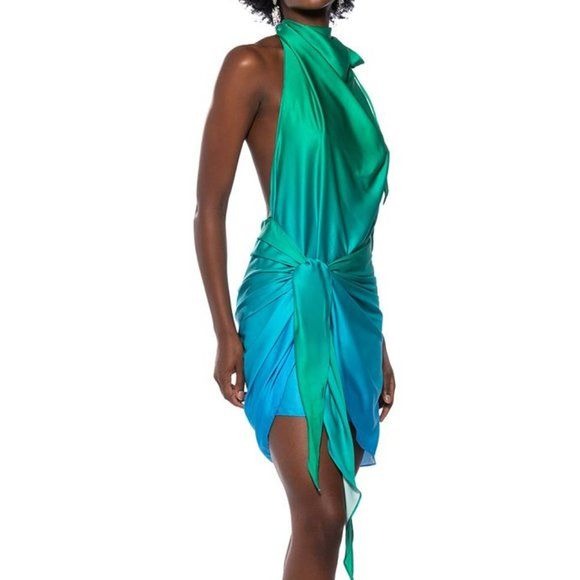 Callie Date Flow: Satin Ombre Blue Green Halter Wrap Front Dress Large