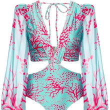 Load image into Gallery viewer, Callie Tree of Life: Aqua &amp; Fuchsia Chiffon Long Sleeve Monokini Swimsuit XXL
