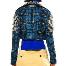 Load image into Gallery viewer, Wholesale Callie Berry Bling: Teal Plaid Rhinestone Silver Studded Black Moto Jacket 2PK
