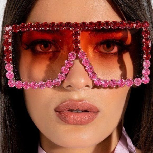 Stasia Sweet Valentine Rose Red Pink Ombre Oversized Rhinestone Sunnies