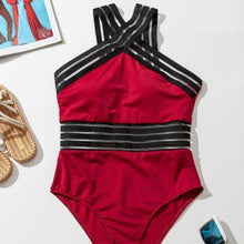 Lade das Bild in den Galerie-Viewer, Xena Red Mesh Stripe Plus Size Criss Cross Padded One-piece Swimsuit XXL
