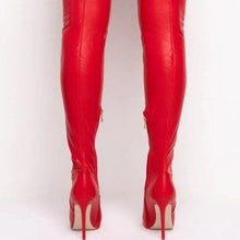 Cargar imagen en el visor de la galería, Wholesale Xena Chapped: Red Vegan Leather Thigh High BELTED Stiletto Boot
