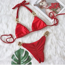 Cargar imagen en el visor de la galería, Callie Cuban Link: Pave Crystal Gold Chain Red Chevron Ribbed Bikini Swimsuit
