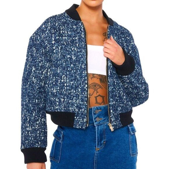 Callie Lives Miz Micro Denim Blue Pixel Weave Akira Bomber Jacket Coat