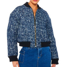 Load image into Gallery viewer, Callie Lives Miz Micro Denim Blue Pixel Weave Akira Bomber Jacket Coat
