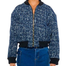 Load image into Gallery viewer, Callie Lives Miz Micro Denim Blue Pixel Weave Akira Bomber Jacket Coat
