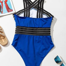 Charger l&#39;image dans la galerie, Elaine Blue Mesh Stripe Plus Size Criss Cross Padded One-piece Swimsuit XXL
