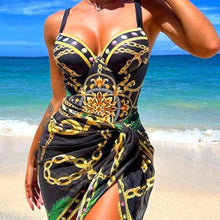 Load image into Gallery viewer, Callie Sace: Chain LeFleur Sweetheart Padded Black OR BLUE One Piece Swimsuit w/ Coverup

