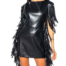 Cargar imagen en el visor de la galería, Xena Nashville at Night: Vegan Leather Black Fringe Mod Sheath Plunge Back Dress
