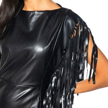 Cargar imagen en el visor de la galería, Xena Nashville at Night: Vegan Leather Black Fringe Mod Sheath Plunge Back Dress
