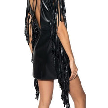 Cargar imagen en el visor de la galería, Xena Nashville at Night: Vegan Leather Black Fringe Mod Sheath Plunge Back Dress
