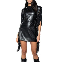 Cargar imagen en el visor de la galería, Xena Nashville at Night: Vegan Leather Black Fringe Mod Sheath Plunge Back Dress
