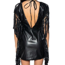 Cargar imagen en el visor de la galería, Xena Nashville at Night: Vegan Leather Black Fringe Mod Sheath Plunge Back Dress
