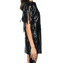 Cargar imagen en el visor de la galería, Xena Nashville at Night: Vegan Leather Black Fringe Mod Sheath Plunge Back Dress
