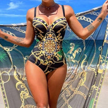 Lade das Bild in den Galerie-Viewer, Callie Sace: Chain LeFleur Sweetheart Padded Black OR BLUE One Piece Swimsuit w/ Coverup
