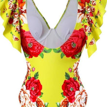 Carica l&#39;immagine nel visualizzatore di Gallery, Chartreuse  Carnation Floral Ruffle Cap Sleeve Retro Swimsuit
