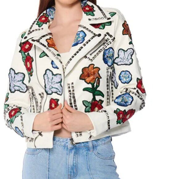 Callie Lives Flowery Stud: Akira Floral Patch White Moto Jacket XL