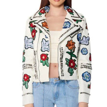 Load image into Gallery viewer, Callie Lives Flowery Stud: Akira Floral Patch White Moto Jacket XL
