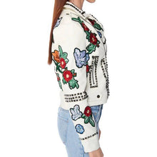 Load image into Gallery viewer, Callie Lives Flowery Stud: Akira Floral Patch White Moto Jacket XL
