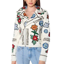 Load image into Gallery viewer, Callie Lives Flowery Stud: Akira Floral Patch White Moto Jacket XL
