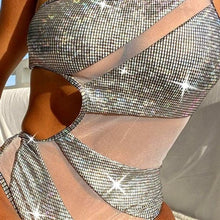 Cargar imagen en el visor de la galería, Xena 3006: Silver Flickering Holographic Mesh Cut Out One Shoulder Swimsuit
