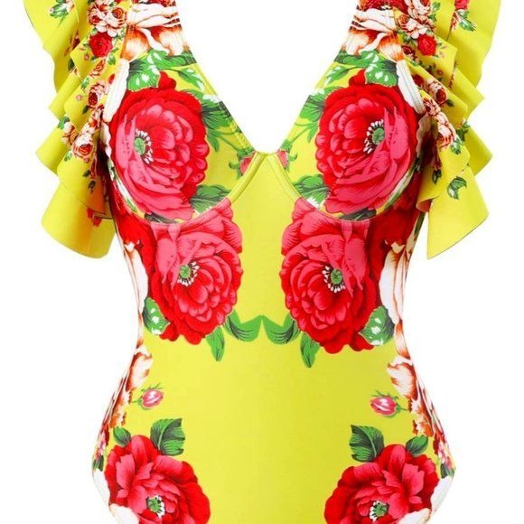 Chartreuse  Carnation Floral Ruffle Cap Sleeve Retro Swimsuit
