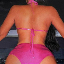 Cargar imagen en el visor de la galería, Stasia 3006: Pink Holographic Plunge O Ring Halter Monokini Swimsuit

