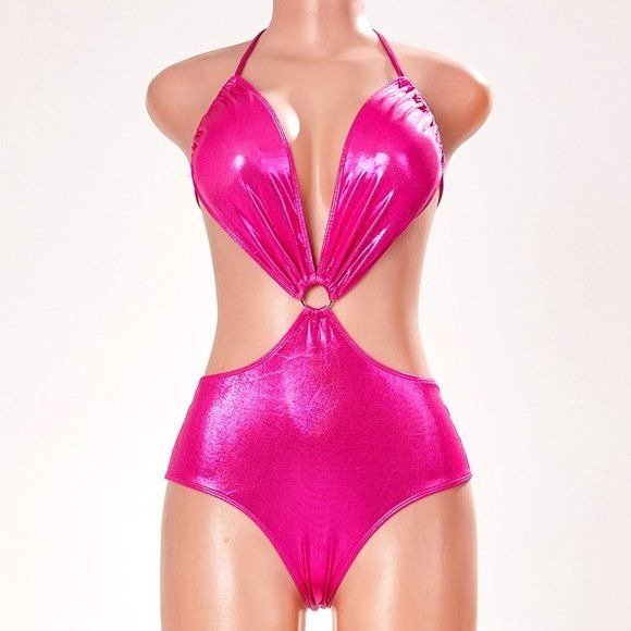 Stasia 3006: Pink Holographic Plunge O Ring Halter Monokini Swimsuit