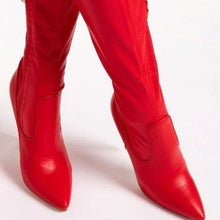 Cargar imagen en el visor de la galería, Wholesale Xena Chapped: Red Vegan Leather Thigh High BELTED Stiletto Boot
