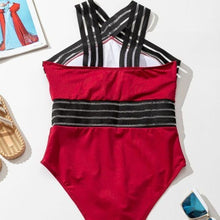 Cargar imagen en el visor de la galería, Xena Red Mesh Stripe Plus Size Criss Cross Padded One-piece Swimsuit XXL
