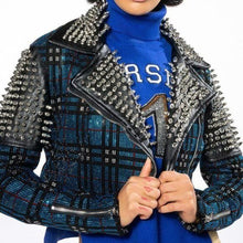 Load image into Gallery viewer, Wholesale Callie Berry Bling: Teal Plaid Rhinestone Silver Studded Black Moto Jacket 2PK
