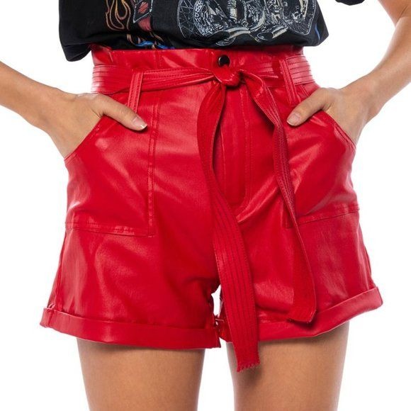 Callie Paper Vegan: High Rise Belted Bag Red Pleather Shorts Plus