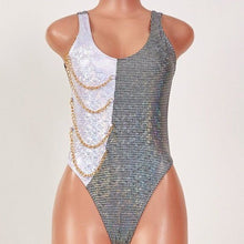 Cargar imagen en el visor de la galería, Callie UnChained: Holographic Colorblock Silver &amp; White Disco Swimsuit
