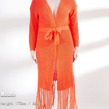 Cargar imagen en el visor de la galería, Callie Knit Neon Orange Belted Oversized Cardigan Fringe Sweater
