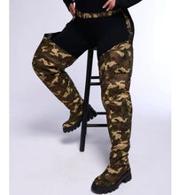 Load image into Gallery viewer, Callie Lives MIZ Azalea Wang Pop Out Rhinestone Camo Chap Flat Thigh High Boot
