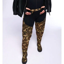 Load image into Gallery viewer, Callie Lives MIZ Azalea Wang Pop Out Rhinestone Camo Chap Flat Thigh High Boot
